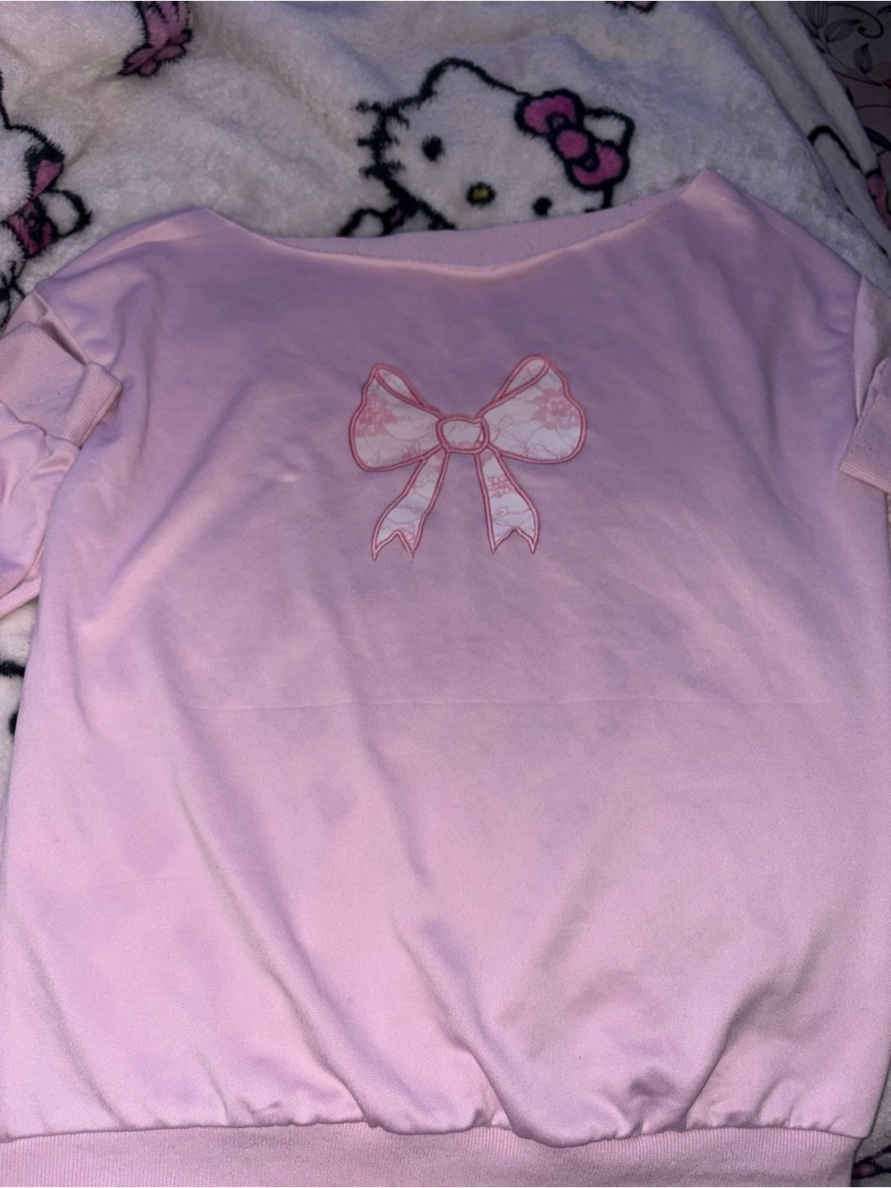 SHEIN Pink Off-the-Shoulder Sweater with Bow Graphic